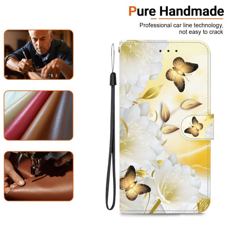 Folio-hoesje Motorola Edge 50 Fusion Gouden Vlinders En Witte Bloemen Met Riem