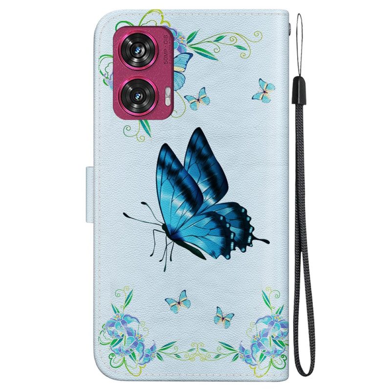 Folio-hoesje Motorola Edge 50 Fusion Telefoonhoesje Blauwe Vlinder En Bloemen Met Riempje