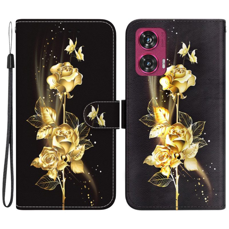 Leren Hoesje Motorola Edge 50 Fusion Gouden En Roze Vlinders Met Riem Bescherming Hoesje