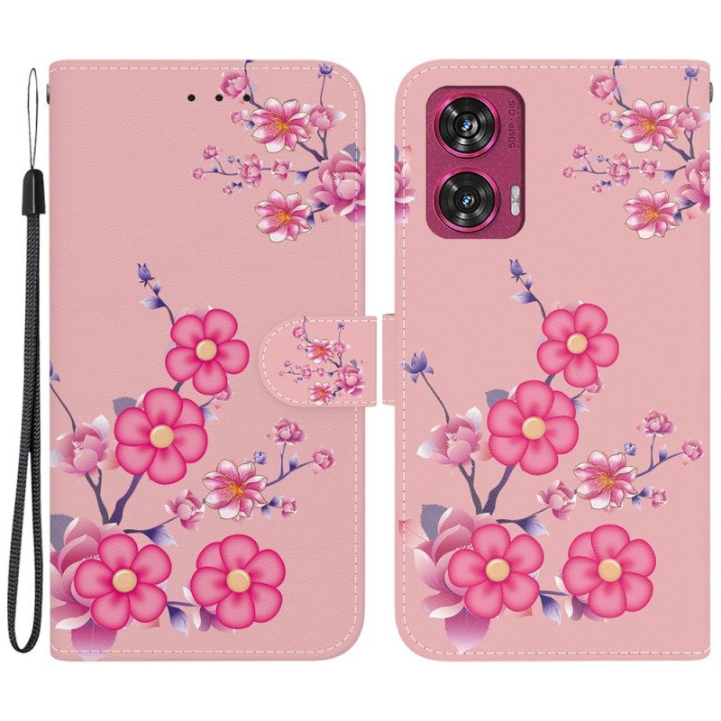 Leren Hoesje Motorola Edge 50 Fusion Sakura-patroon Met Riem Bescherming Hoesje