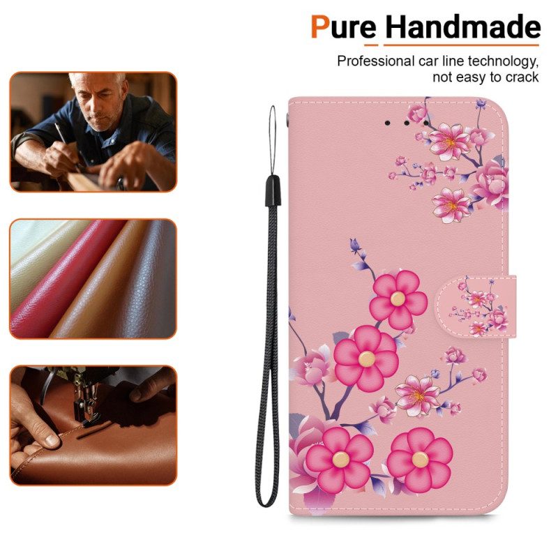 Leren Hoesje Motorola Edge 50 Fusion Sakura-patroon Met Riem Bescherming Hoesje