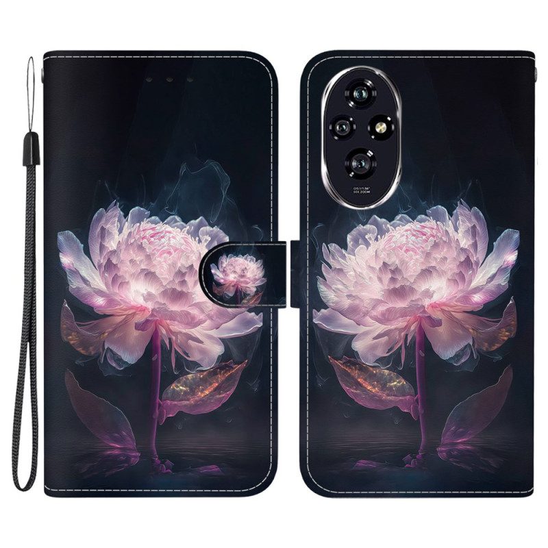 Flip Case Leren Honor 200 Paarse Pioen Met Riem