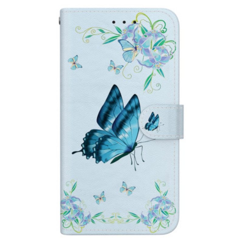 Folio-hoesje Honor 200 Telefoonhoesje Blauwe Vlinder En Bloemen Met Riempje