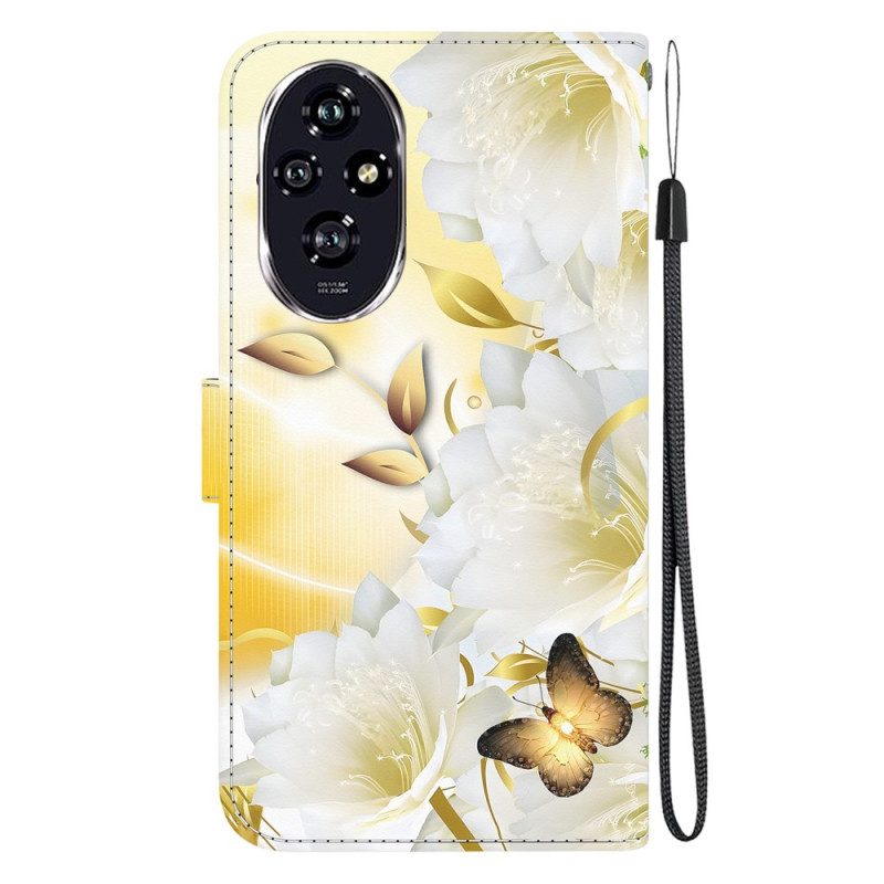 Folio-hoesje Honor 200 Telefoonhoesje Gouden Vlinders En Witte Bloemen Met Riem