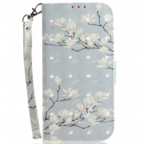 Leren Hoesje Honor 200 Magnoliapatroon Met Riem Bescherming Hoesje