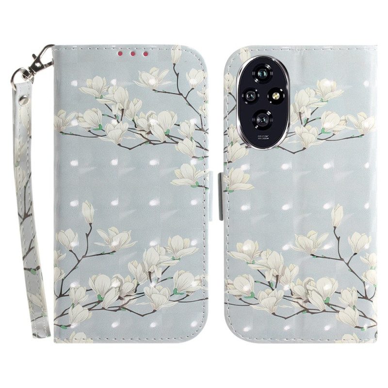 Leren Hoesje Honor 200 Magnoliapatroon Met Riem Bescherming Hoesje