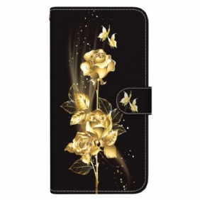 Flip Case Leren Oppo Reno 12f 5g Gouden En Roze Vlinders Met Riem