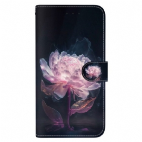 Flip Case Leren Oppo Reno 12f 5g Paarse Pioen Met Riem