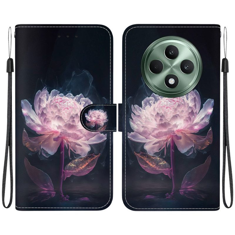 Flip Case Leren Oppo Reno 12f 5g Paarse Pioen Met Riem