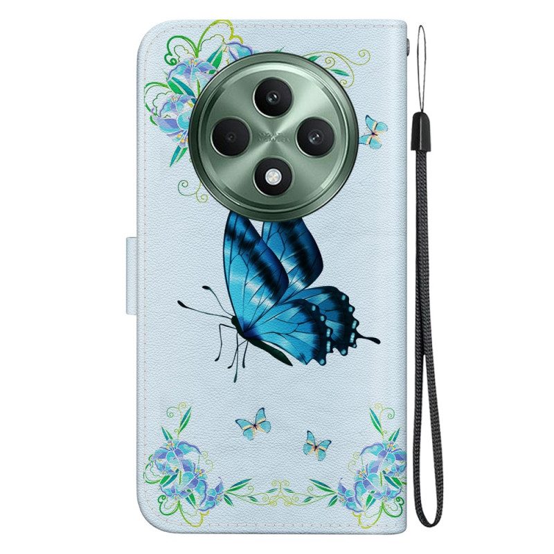 Leren Hoesje Oppo Reno 12f 5g Blauwe Vlinder En Bloemen Met Riempje Bescherming Hoesje