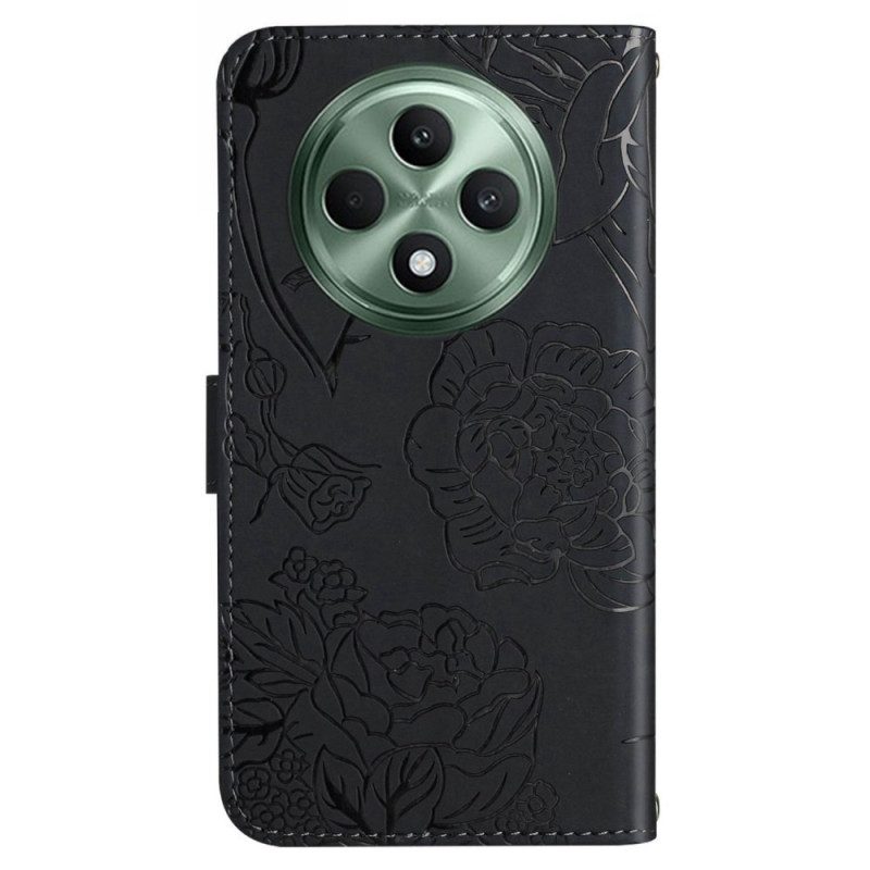 Leren Hoesje Oppo Reno 12f 5g Vlinderprint Met Schouderband Bescherming Hoesje