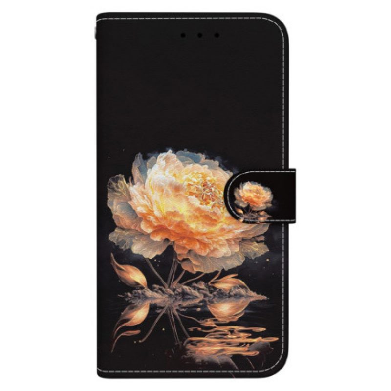 Leren Hoesje Voor Oppo Reno 12f 5g Gouden Pioen Met Riem