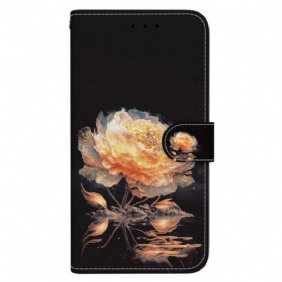 Leren Hoesje Voor Oppo Reno 12f 5g Gouden Pioen Met Riem