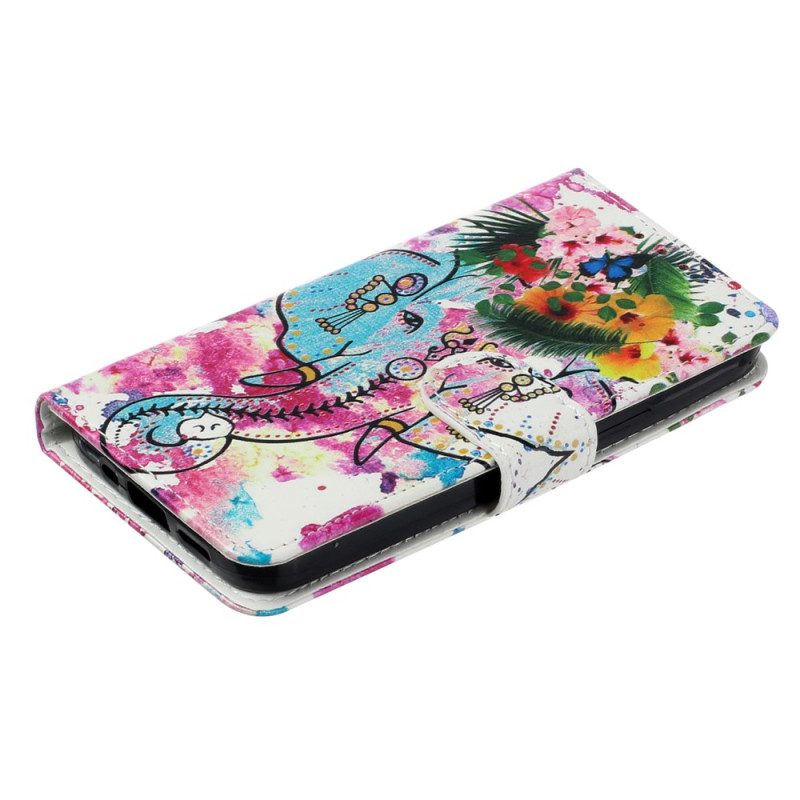 Folio-hoesje voor iPhone 15 Plus Met Ketting Aquarelolifant Met Draagkoord