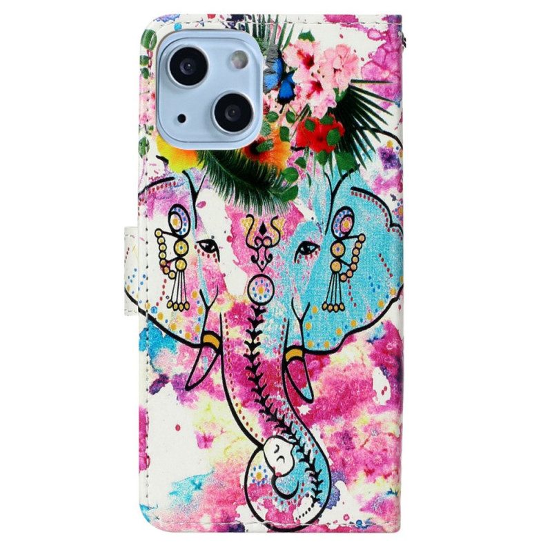 Folio-hoesje voor iPhone 15 Plus Met Ketting Aquarelolifant Met Draagkoord