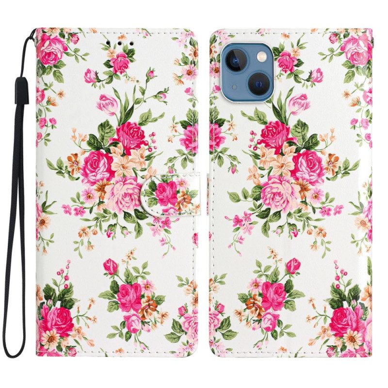 Folio-hoesje voor iPhone 15 Plus Met Ketting Bloemen Met Riempje