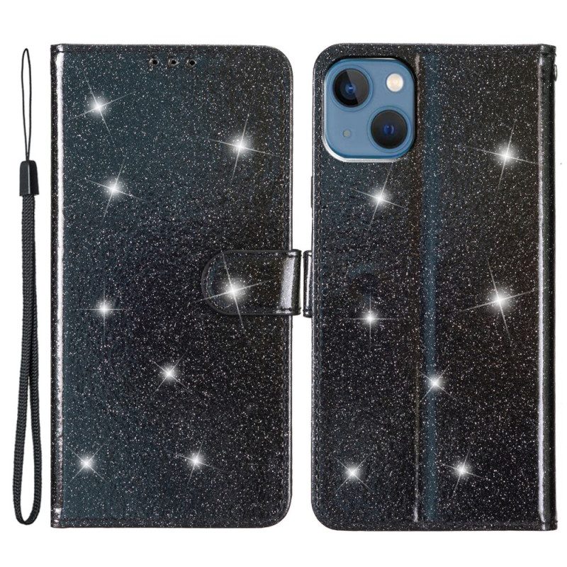 Folio-hoesje voor iPhone 15 Plus Met Ketting Glittereffect Met Riempje