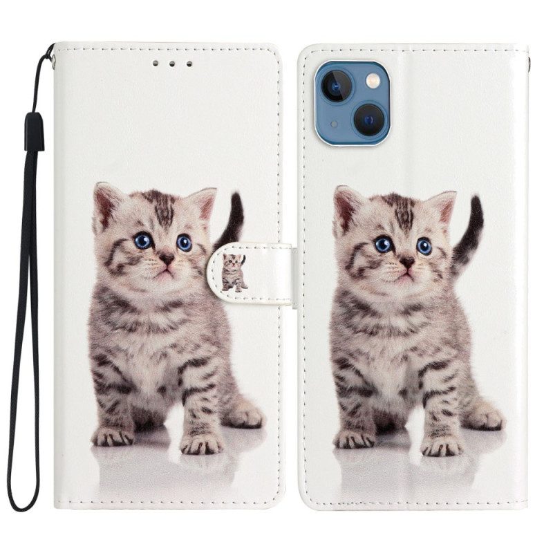 Folio-hoesje voor iPhone 15 Plus Met Ketting Kleine Kat Met Riem