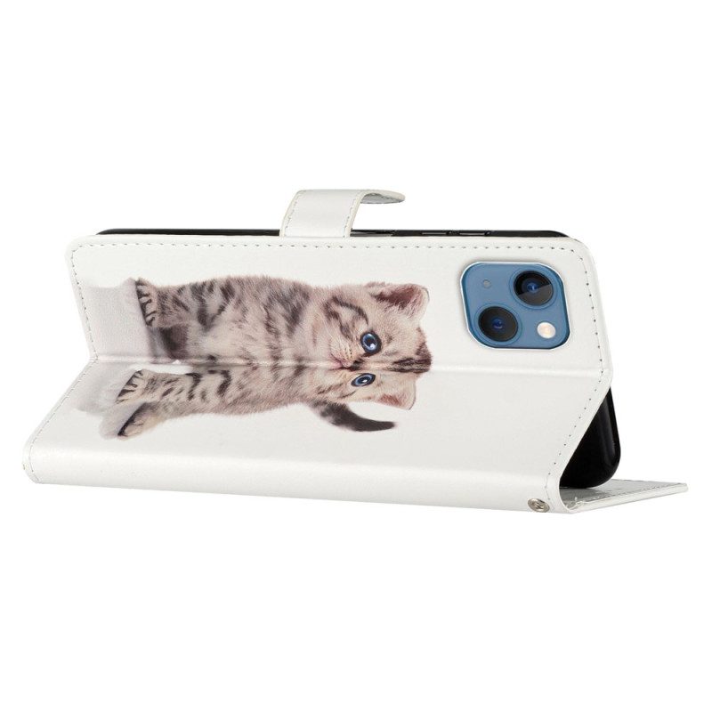 Folio-hoesje voor iPhone 15 Plus Met Ketting Kleine Kat Met Riem