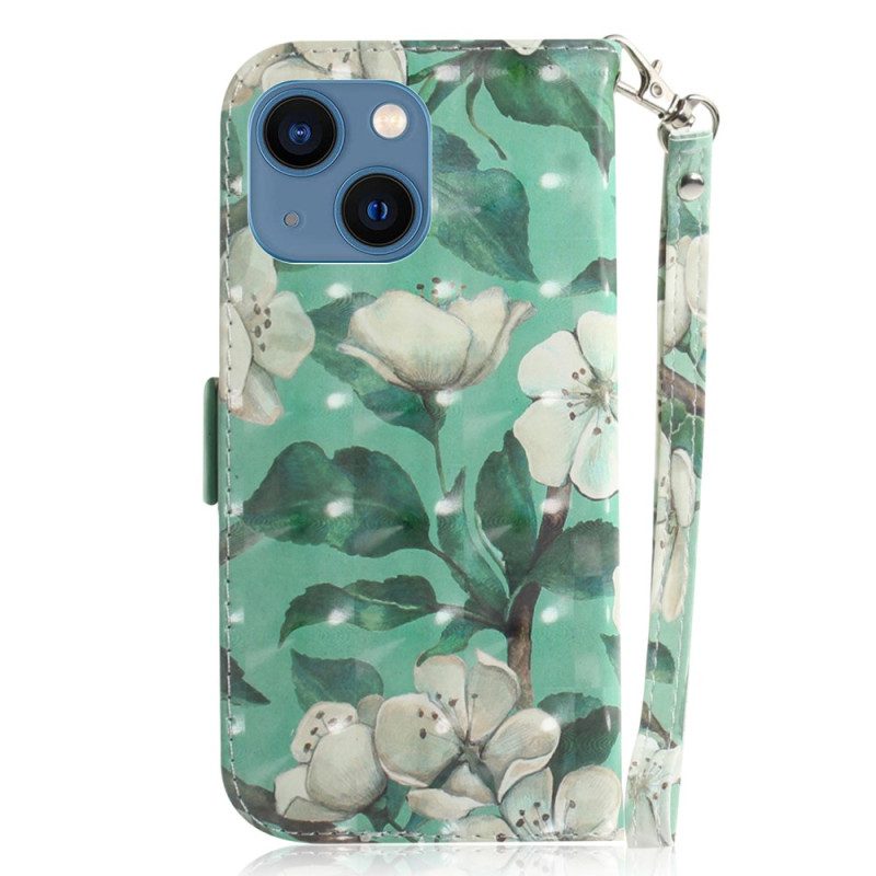 Folio-hoesje voor iPhone 15 Plus Met Ketting Witte Bloemen Met Riempje