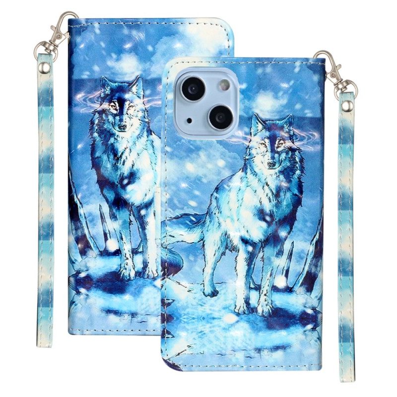 Leren Hoesje voor iPhone 15 Plus Met Ketting 3d Wolf Met Riem