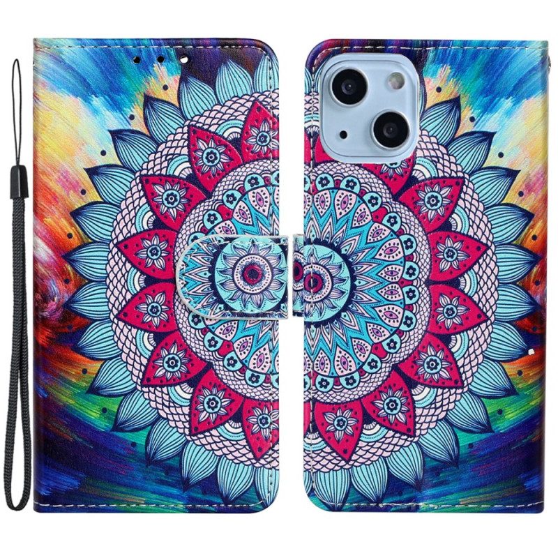 Leren Hoesje voor iPhone 15 Plus Met Ketting Kleurrijke Mandala Met Riempje