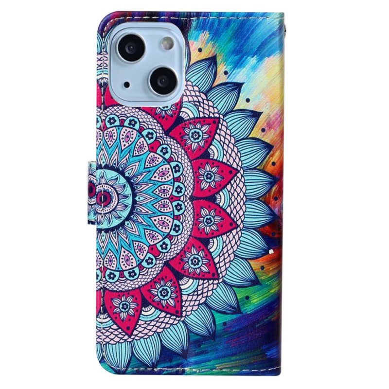 Leren Hoesje voor iPhone 15 Plus Met Ketting Kleurrijke Mandala Met Riempje