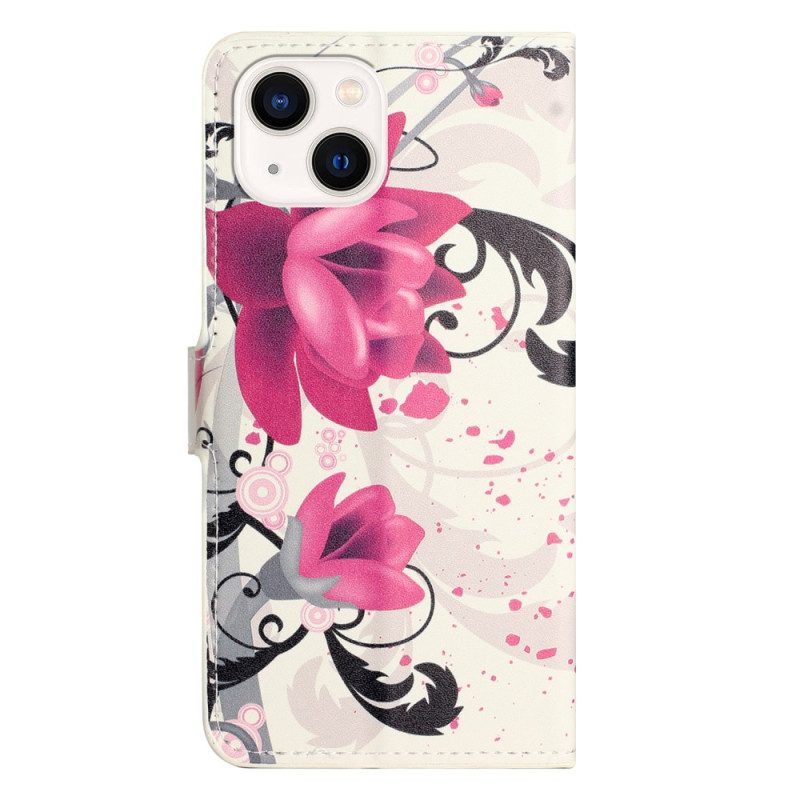 Leren Hoesje voor iPhone 15 Plus Tropische Bloemen