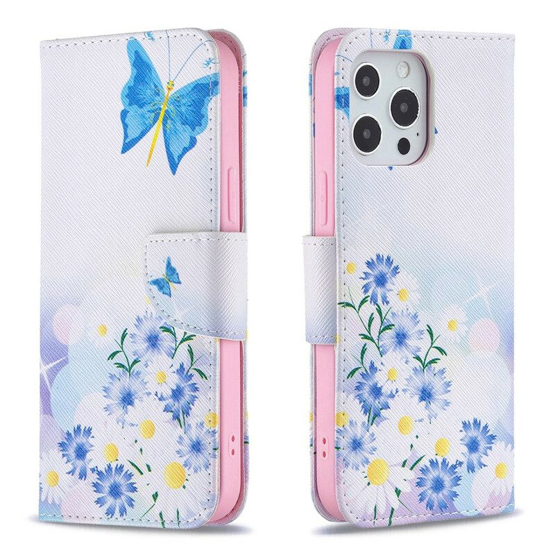 Flip Case voor iPhone 13 Pro Max Geschilderde Vlinders En Bloemen