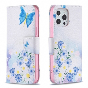 Flip Case voor iPhone 13 Pro Max Geschilderde Vlinders En Bloemen