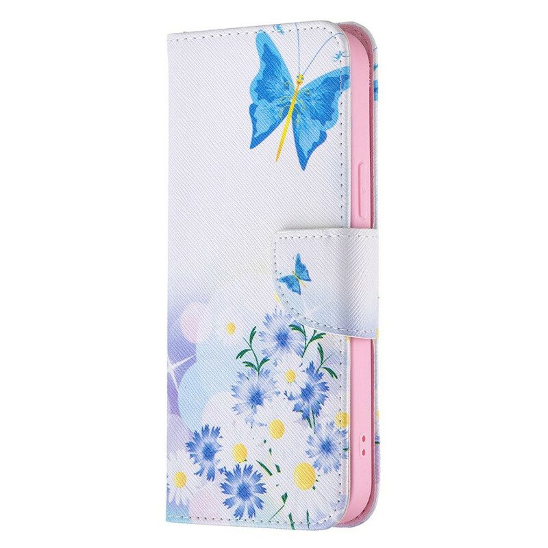 Flip Case voor iPhone 13 Pro Max Geschilderde Vlinders En Bloemen