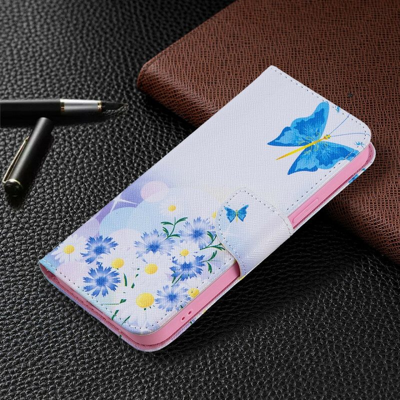 Flip Case voor iPhone 13 Pro Max Geschilderde Vlinders En Bloemen