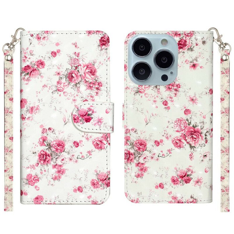 Folio-hoesje voor iPhone 13 Pro Max Met Ketting Band Lichtvlek Bloemen