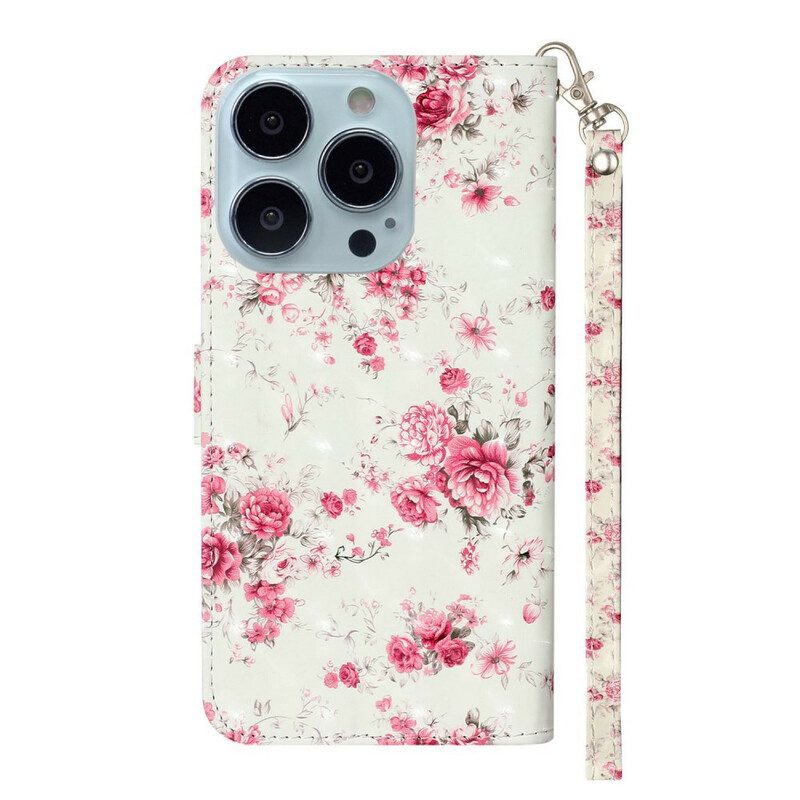 Folio-hoesje voor iPhone 13 Pro Max Met Ketting Band Lichtvlek Bloemen