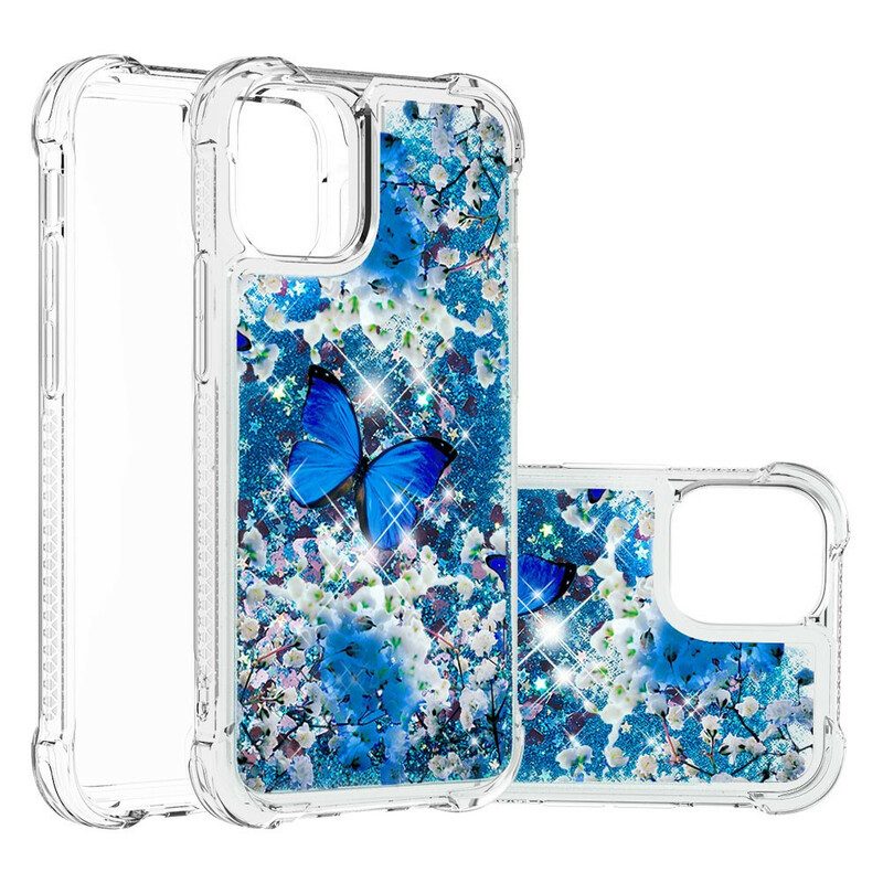 Hoesje voor iPhone 13 Pro Max Glitter Blauwe Vlinders