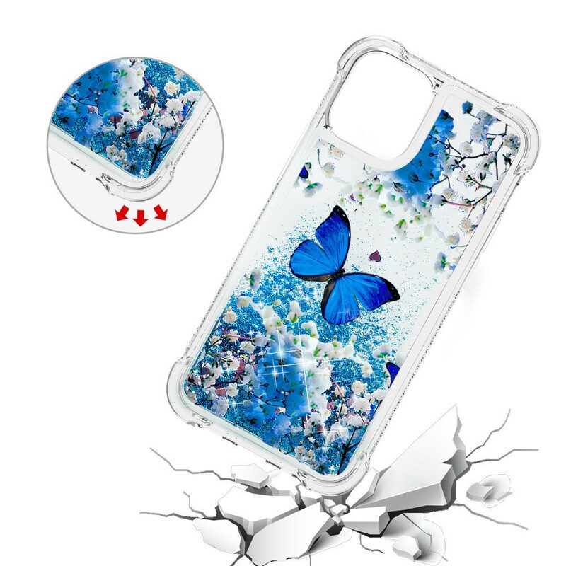 Hoesje voor iPhone 13 Pro Max Glitter Blauwe Vlinders