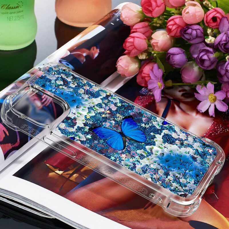 Hoesje voor iPhone 13 Pro Max Glitter Blauwe Vlinders