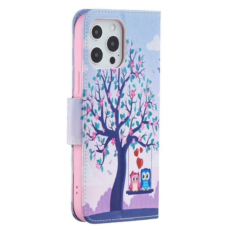 Leren Hoesje voor iPhone 13 Pro Max Uilen Op De Schommel