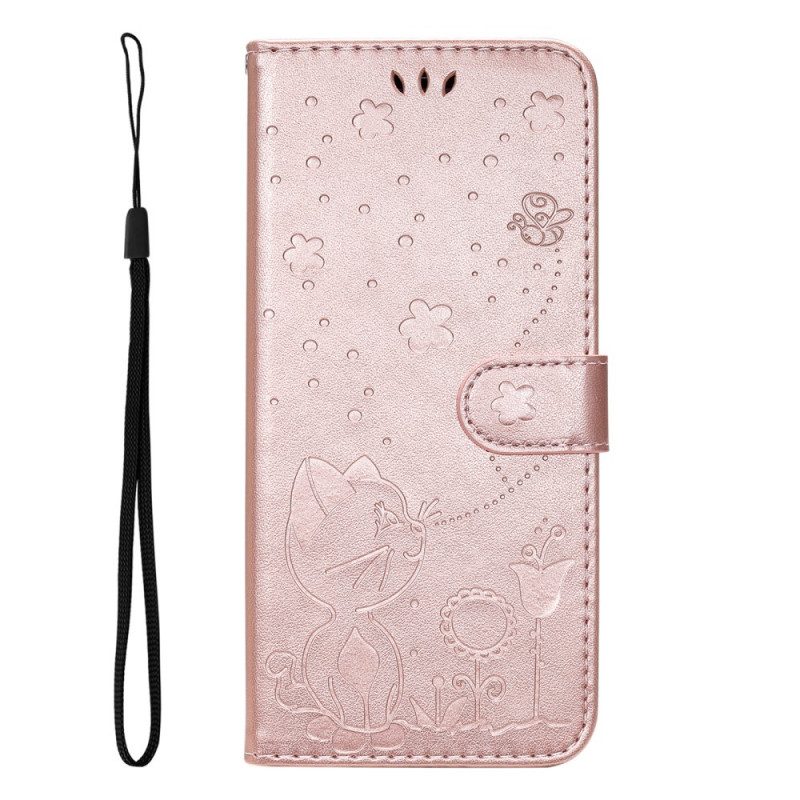 Flip Case voor Oppo Find X5 Lite Met Ketting String Katten En Bijen