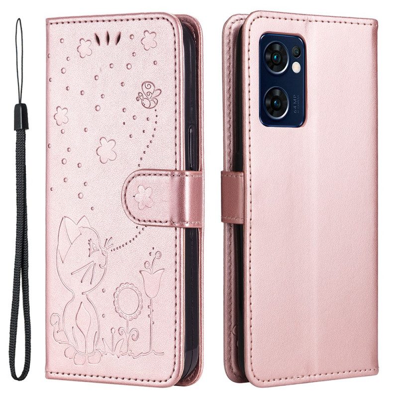 Flip Case voor Oppo Find X5 Lite Met Ketting String Katten En Bijen