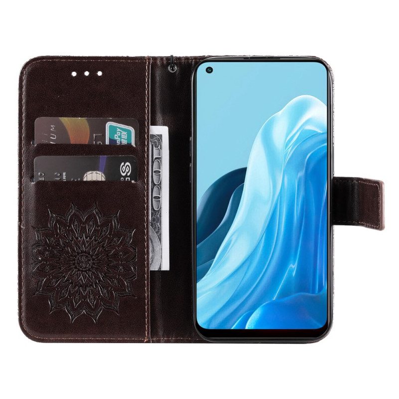 Leren Hoesje voor Oppo Find X5 Lite Met Ketting Strappy Zon Mandala