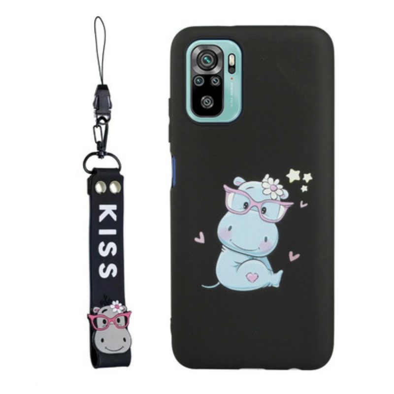 Hoesje voor Xiaomi Redmi Note 10 / 10S Nijlpaard Met Kiss Lanyard