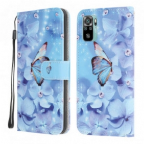 Leren Hoesje voor Xiaomi Redmi Note 10 / 10S Met Ketting Strappy Diamanten Vlinders