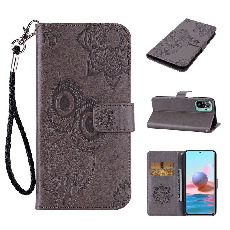 Leren Hoesje voor Xiaomi Redmi Note 10 / 10S Uil Mandala En Lanyard