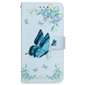 Flip Case Leren Motorola Edge 50 Ultra Blauwe Vlinder En Bloemen Met Riempje