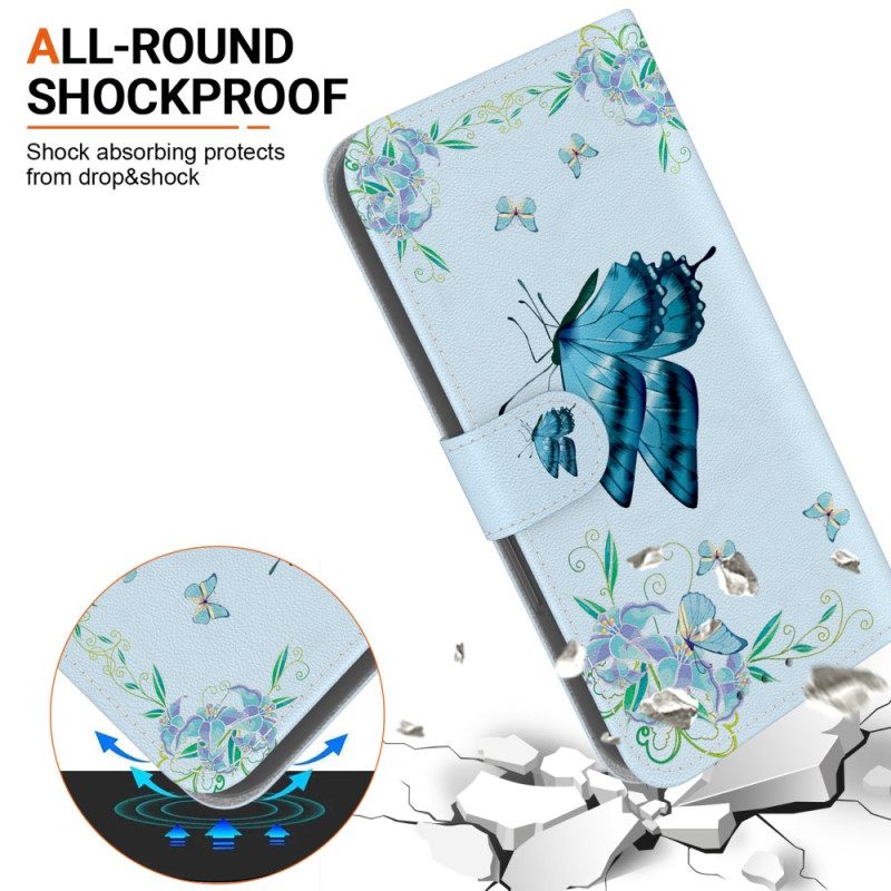 Flip Case Leren Motorola Edge 50 Ultra Blauwe Vlinder En Bloemen Met Riempje