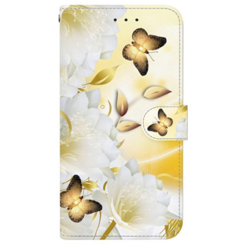 Folio-hoesje Motorola Edge 50 Ultra Telefoonhoesje Gouden Vlinders En Witte Bloemen Met Riem