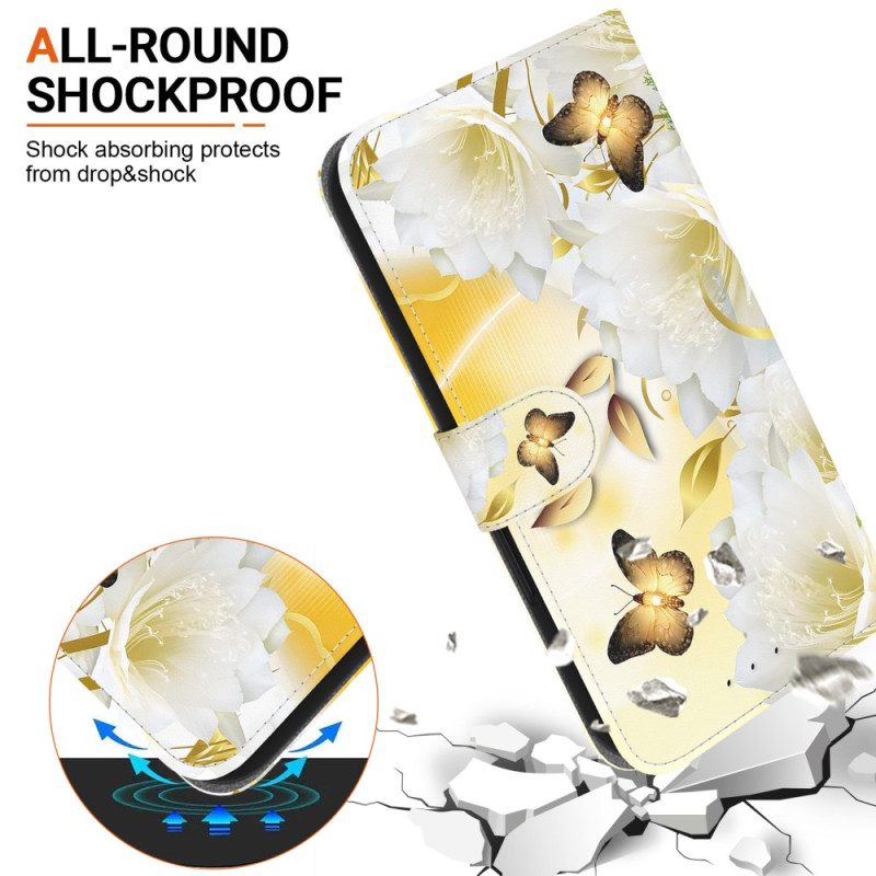 Folio-hoesje Motorola Edge 50 Ultra Telefoonhoesje Gouden Vlinders En Witte Bloemen Met Riem