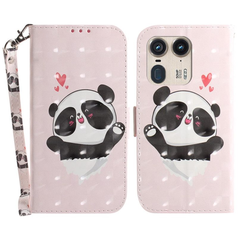 Leren Hoesje Motorola Edge 50 Ultra Panda Love Met Riempje Bescherming Hoesje