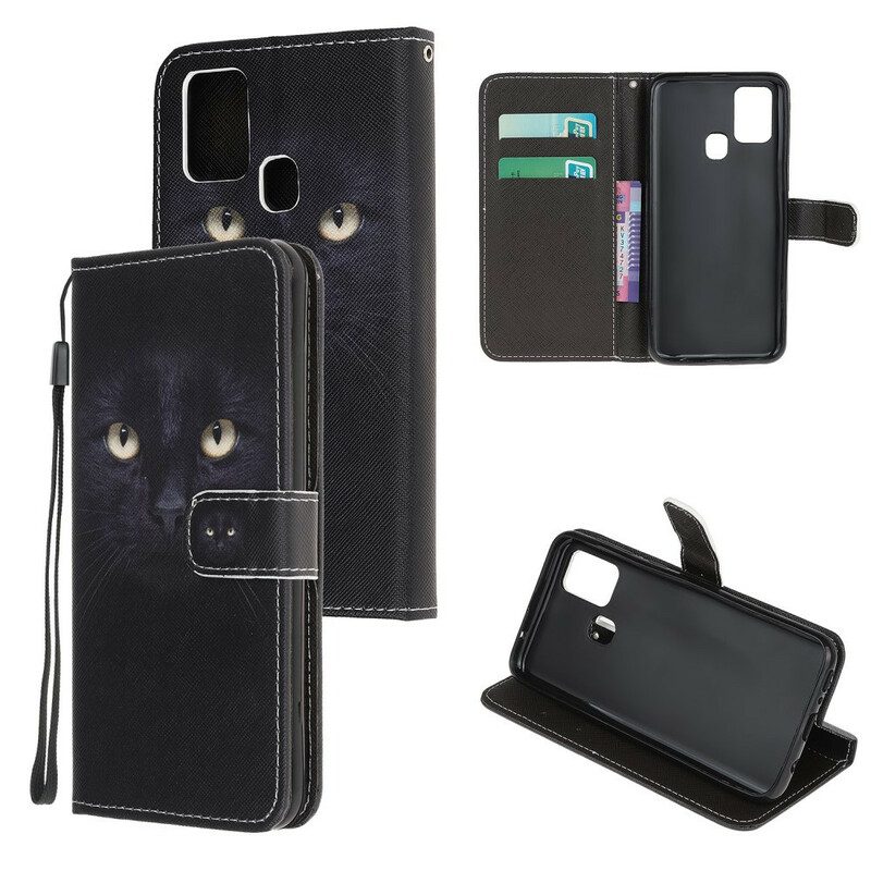 Flip Case voor Samsung Galaxy M31 Met Ketting Strappy Zwarte Kattenogen